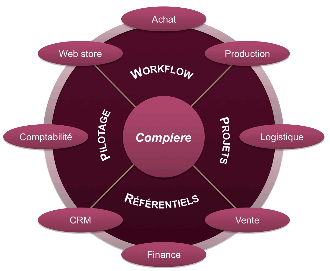 Achat, production, logistique, vente, finance, CRP, comptabilité, web store, pilotage, workflow, projets, référentiels, pilotage